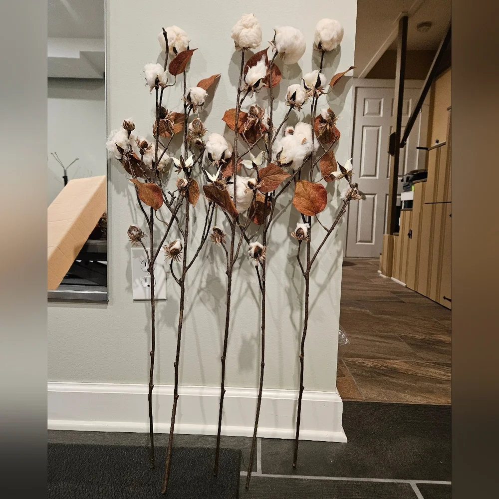 Farmhouse Cotton Arrangement Rustic Long Stems Set of 5 Cotton Branches 35